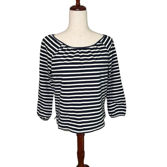 J Crew Top Small Navy White Striped Peasant Classic Nautical Coastal Vacation - Picture 4 of 15